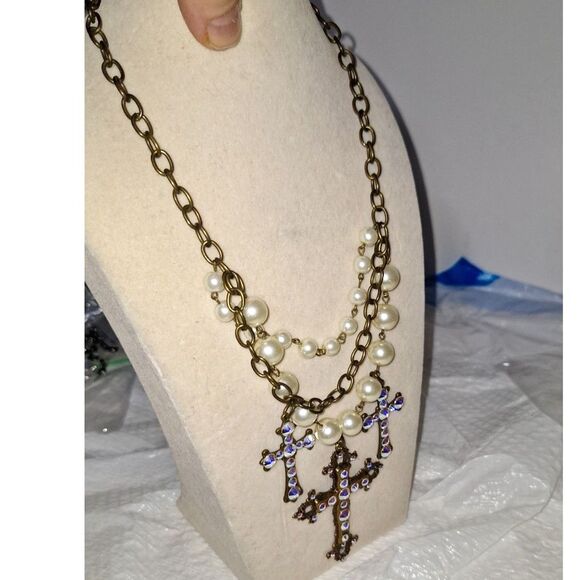 A Pink Panache Women's Layered Necklace Steampunk Fairy Grunge Rhinestone Cross - Picture 9 of 9